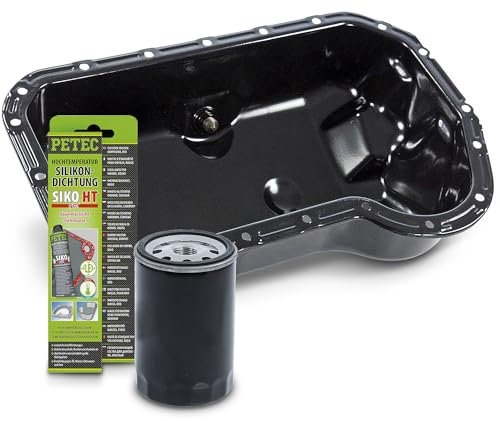 BESTPRICE 1x Ölwanne mit einem Rücklaufsperrventil 1x Ölfilter, 1x 70ml Hochtemperatursilikon rot Kompatibel mit VW CADDY, GOLF 1, GOLF 2, GOLF 3, JETTA, PASSAT B3/B4, SCIROCCO (53B), VENTO (1H2)