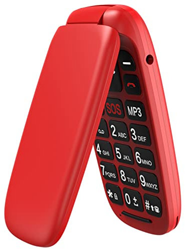 USHINING GSM Telefono Cellulare per Anziani, Telefono Cellulare a Conchiglia con Tasti Grandi Funzione SOS, Cellulare per Anziani Facile da Usare - Rosso