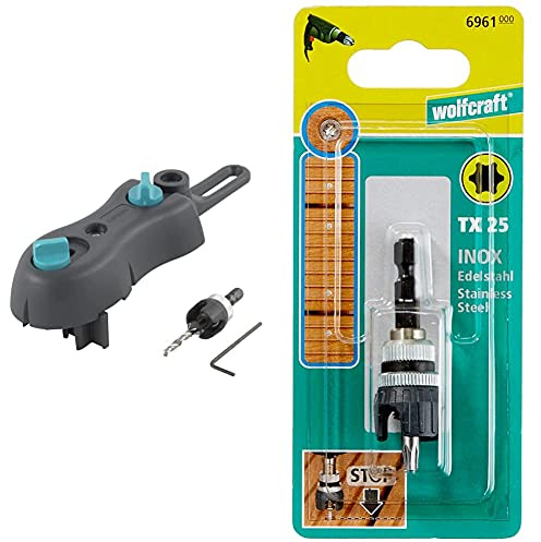 Wolfcraft 6960000 1 Kit de Perçage Pour Terrasse Bois : 1 Guide de Perçage Mobile avec Douillles de Perçage 4 Mm + Foret D'amorçage - Foret Hss Ø 4 Mm argent & 6961000 porte-embout à butée + embout