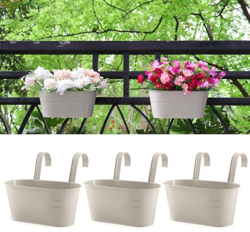 Meltset - Confezione da 3 vasi da fiori in ferro da appendere, ovali, per ringhiera, giardino, balcone, fioriere, supporti per fiori per parete, interni ed esterni, decorazione per la casa, grigio