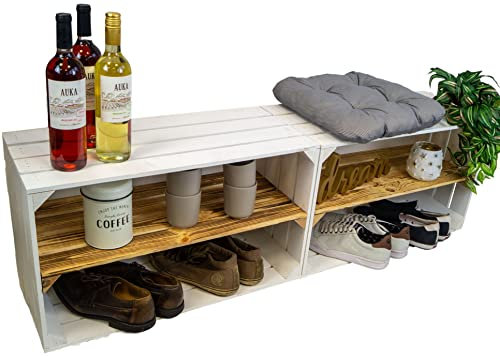 Kistenkolli Altes Land breite Obstkiste Holzkiste TOSCA mit langem Zwischenbrett 68x40x30cm Schuhregal Schuhschrank Weinregal/Regalkiste Apfelkiste/Weinkisten (2 Kisten, weiss Mittelbrett geflammt)