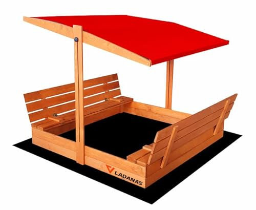 Ladanas® Sandkasten aus Holz mit Dach ROT & wetterfester Tarpaulin Abdeckung - Sandkiste 140 x 140 cm. mit UV 50 Sonnenschutz & Faltbare Bank - Sandkästen rechteckig überdacht für Kinder