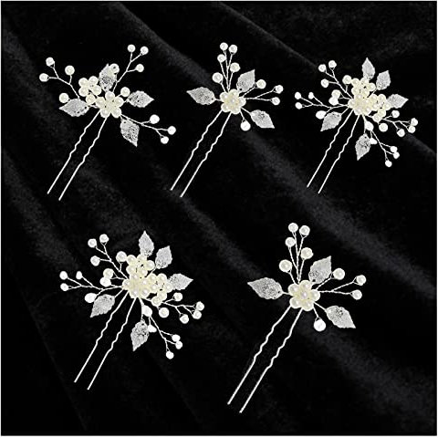 ZoeTekway Pack mit 5 luxuriösen Hochzeitsblumen-Haarnadeln, Hochzeitshaar-Accessoires-Perlen, Brautperlen Haarschmuck, Silber-Haarspangen für Braut und Brautjungfer