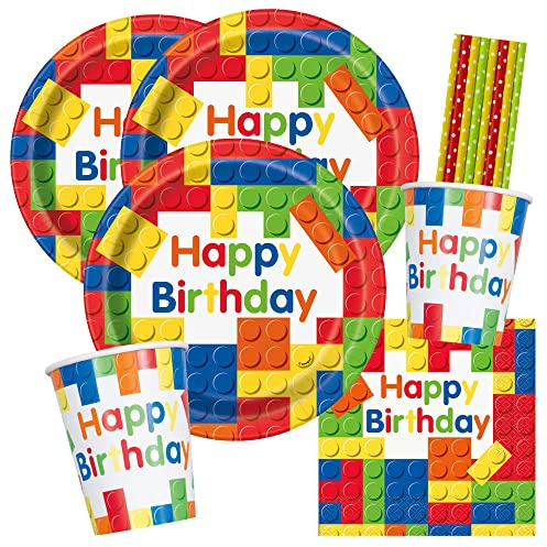 spielum 40-teiliges Party-Set Bausteine - Teller Becher Servietten Trinkhalme für 8 Kinder