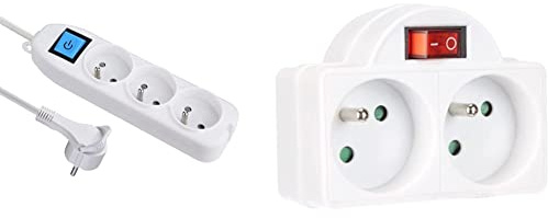Electraline 32040 Bloc 3 Prises avec Interrupteur/fiche Plate 1,5 m Blanc & 531192 Adapteur Fiche Multiprise Biplite avec Interrupteur 2 Prise 16A, Blanc