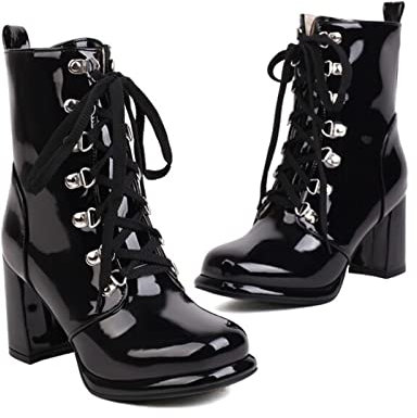 Damen Reißverschluss Schnürstiefeletten Chunky High Heel 8CM/3.14 Zoll Mode Sexy Lackleder Pole Dance Nachtclub Stiefel,Schwarz,34 EU