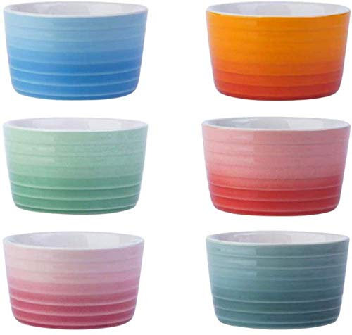 YZJSSL Souffle Ramekins Platos de Porcelana de 240 ml en Relieve Souffle Creme Brulee para Hornear y mojar Salsas - Tazón para Hornear con patrón de Anillo de glaseado de Color Degradado, 6 Piezas