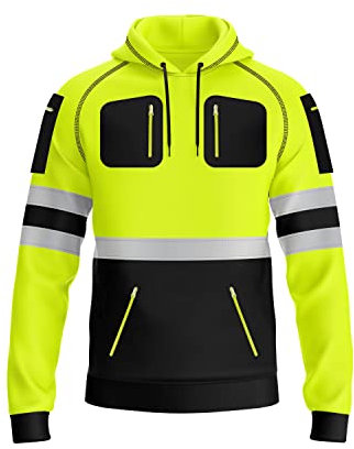mymixtrendz Mens Hi Vis Pullover Hoodie Multi Zip Up Pockets Safety Work Reflective Tape High Viz Visibility Hooded Sweatshirt S-2XL