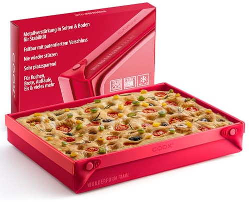 coox WUNDERFORM Frame LQ - die faltbare Kastenform mit Metallverstärkung - Backen & Servieren in Einem I Antihaft-Silikon I Spülmaschinenfest I Kein Stürzen I BPA-frei Rot