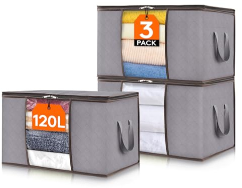 Lifewit 120L Klädförvaringslådor, Stora Flyttkartonger Förvaringsväskor Förpackningslådor för flytt med förstärkt handtag Klart fönster för Kläder Sängtäcken, 3-pack, Ljusgrå