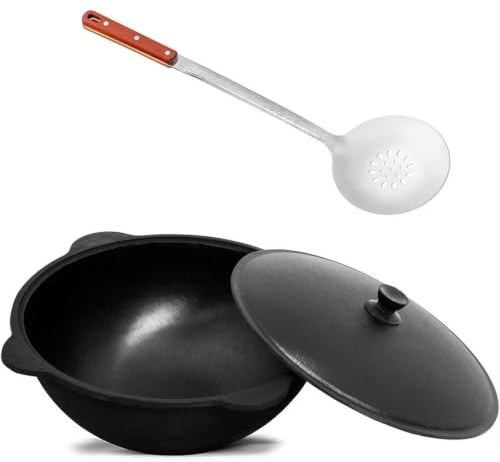 4BIG.fun Kazan de hierro fundido de 10 L con espumadera NAMANGAN Kazan Uzbeki con tapa de hierro fundido Uzbek Camping Uzbek olla giratoria Asia WOK olla con tapa de aluminio