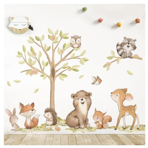 DEKO KINDERZIMMER Wandsticker Waldtiere Baum Wandtattoo REH Fuchs Hase Babyzimmer Wandaufkleber Kinderzimmer Schlafzimmer Wanddeko DK1147-04