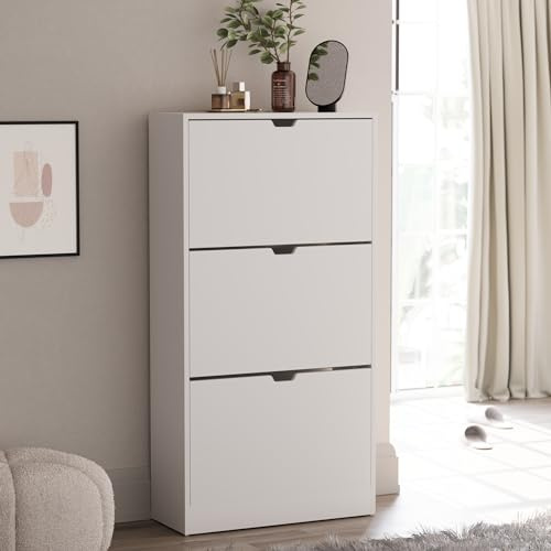 Vida Designs Shoe Cabinet, Wooden Shoe Storage Unit with 3 Flip Drawers, Multifunctional Dust-Proof Space-Saving Slim Cupboard for Hallway or Entryway, 100% FSC Certified (White)