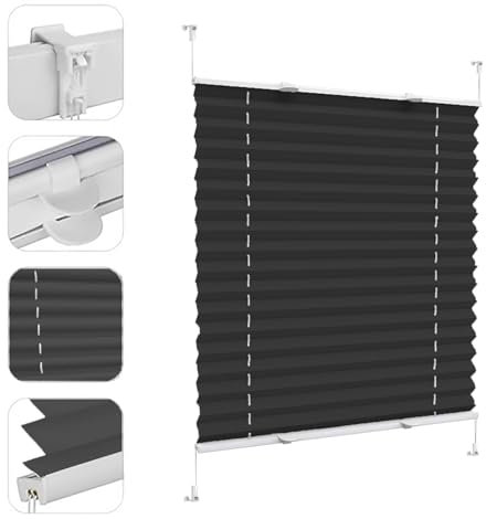 Plisseerollo Plisses Plisse, 55 x 190 cm UV-Schutz Sonnenschutz, Rollos für Fenster und Tür ohne Bohren zum Kleben, für Schlafzimmer Badezimmer, Schwarz
