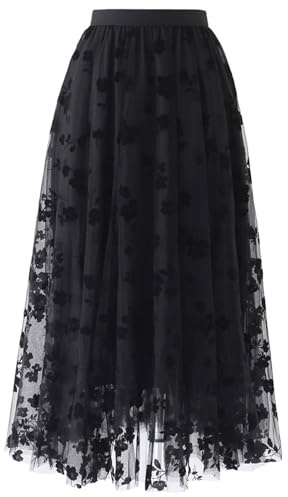 CHICWISH Women's Black 3D Posy Double-Layered Mesh Midi Skirt, Size L-XL