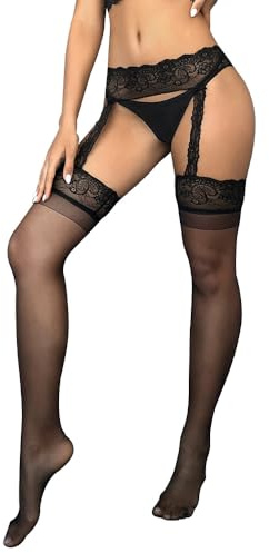 FDEETY Strumpbyxor dam strumpebandsstrumpor overknee strumpor för strumpebandshållare sexiga höga nylonstrumpor med spets remmar för kvinnor, svart, one size