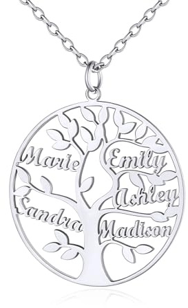 Custom4U Bijoux Collier Pendentif Personnalisé 5 Prénoms Charme Arbre de Vie Pendentif d'arbre Généalogique Nom Gravure pour Lui et Elle