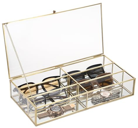 Hipiwe Sunglasses Organizer Case for Women Men, 6 Slot Clear Glass Eyeglasses Eyewear Display Case with lid, Clear Glass Mirrored Sunglasses Collection Holder Sunglass Glasses Storage Box