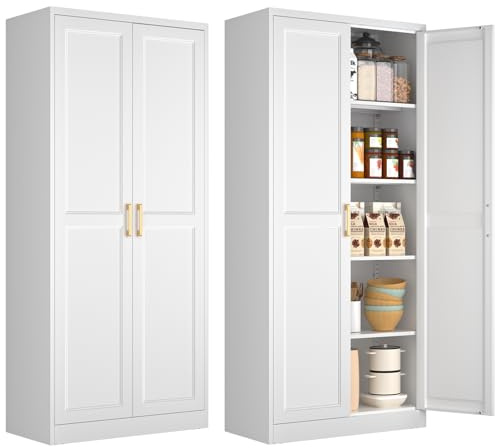 Polup White Kitchen Pantry Cabinet, 71 Inch Tall Metal Storage Cabinet with Doors and Shelves, Pantry Cabinets for Kitchen Storage, Freestanding Cupboard for Living, Dining Room, Assemble Required