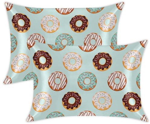 Doughnuts - Federe in raso per capelli e pelle, confezione da 2 pezzi, 50,8 x 101,6 cm, con stampa a ciambella, chiusura con cerniera, super morbide, resistenti alle pieghe, antimacchia