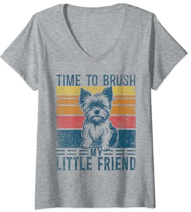 Womens Teacup Yorkie Harness Plush Toy Yorkshire Terrier Teacup V-Neck T-Shirt