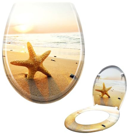 Suusolny WC Sitz Absenkautomatik Toilettendeckel mit Absenkautomatik，Softclose aus Duroplast und Edelstahl Toilettensitz in Universal Größe - Seestern