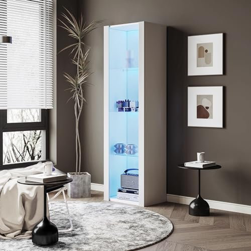 Lexiou Hochglanz-Vitrine mit LED-Beleuchtung, 3 Glasböden, 55 * 38 * 166 cm, Vitrinen, Standvitrinen, Hochschränke, Lagerschränke (Weiß)