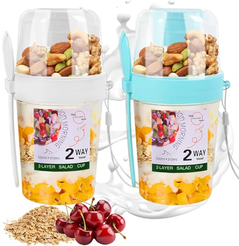 Volhuluk 3 in 1 Müslibecher to Go mit LöFfel,Set 2 560ml+310ml Joghurtbecher to Go mit Dressing Behälter,100% BPA FREI,Auslaufsicherer Overnight Müsli to Go Becher,Praktischer Müslibecher für Picknick