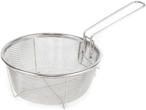 Space Home - Cestillo para Freír con Mango Plegable y Enganches para la Sartén - Cesta Freidora Redonda - Cestillo Freidora para Croquetas, Patatas, Pollo - Acero Inoxidable - 19,5 cm