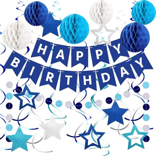 OEEYYT Geburtstagsdeko Blau Happy Birthday Banner Mit Wabenball Stern Hängend Wirbel Streamer Kreis Punkt Girlande Geburtstagsdeko Jungen Happy Birthday Girlande Partydeko