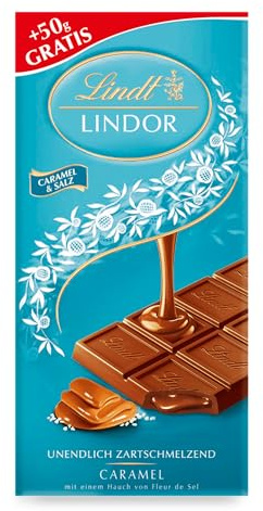 Lindt Schokolade LINDOR Caramel & Salz | 150g Tafel | Vollmilch-Schokolade mit einem Hauch Fleur de Sel und unendlich zartschmelzender Karamell-Füllung | Schokoladentafel | Schokoladengeschenk
