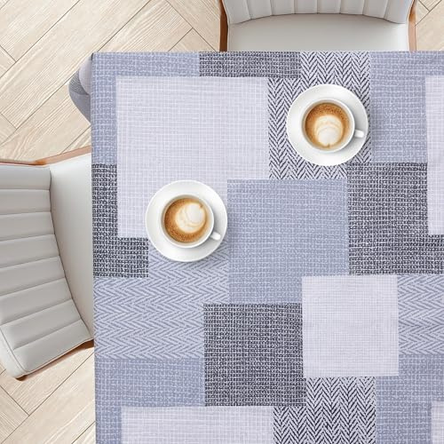 KP HOME Graue PVC Tischdecke Abwischbar Mit Texturiertem Blauen Patchwork-Muster – Rechteckige Wachstuchtischdecke 200x140 cm – wasserdichte Und Abwischbare Kunststoff Legeres Großes Vinyl Wachstuch