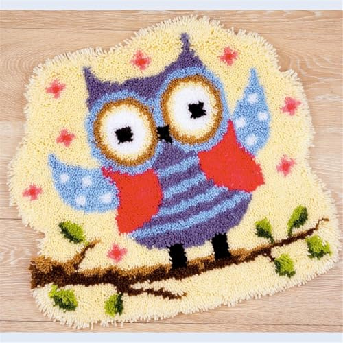 Raixleb Knüpfteppich zum Selber Knüpfen Set Erwachsene/Kind Vorbedruckt Leinwand All-In-One Set 50x40cm DIY Latch Hook Kits für Anfänger Profi für Hause Sofa Wandteppich Ideal Geschenke Eule