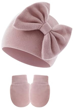 AMateschitz Set med mössa och handskar för nyfödd babymössa med rosett, antigrävvvvantar för spädbarn med turban, beanie, mössa, vantar för förskola, Ljusviolett, one size