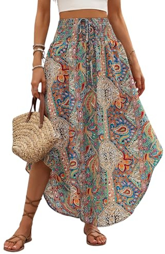 GORGLITTER Damen Maxirock Paisley Muster Langer Rock Asymmetrisch Sommerrock Böhmischer Urlaubrock Leicht Maxi Röcke Sommer Strandrock Khaki L
