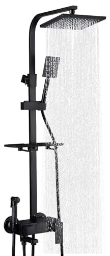 Columna de ducha termostática, 85-125 cm, conjunto de ducha ajustable en altura, sistema de ducha, conjunto de ducha, pantalla digital inteligente con cabezal de ducha, 3 chorros (negro)