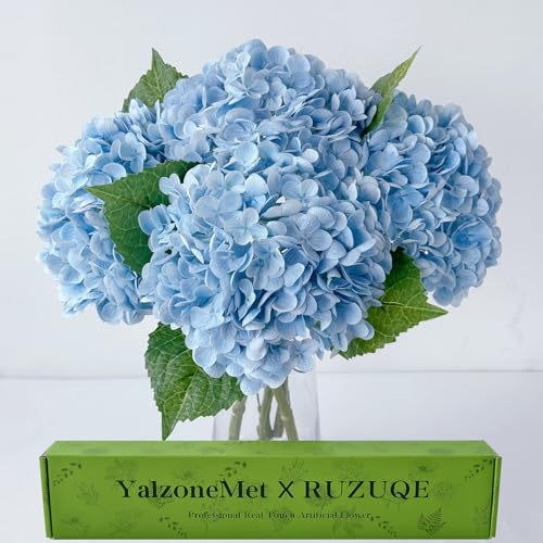 YalzoneMet 4 ramos de flores artificiales de hortensias naturales realistas de 53,3 cm de largo, hortensias de látex para decoración del hogar, fiesta, al aire libre, boda, centro de mesa, celeste