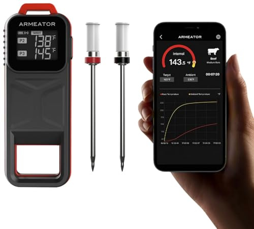 ARMEATOR Smart Meat Thermometer with 2 Ultra-Thin Probes, Unlimited Range Bluetooth Meat Thermometer, Digital Food Thermometer for Remote Monitoring of BBQ Grill, Oven