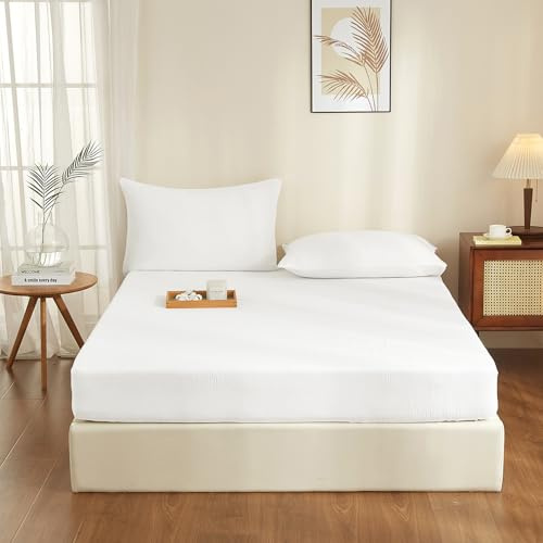 YASMENG Doppelte Muslin Spannbettlaken 160x200cm 100% Baumwolle Weiß Muslin Bettlaken 160x200cm Baumwolle Weich Atmungsaktiv Kuschelige Spannbetttuch Boxspringbett Geeignet für 30cm Matratze