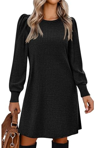Zeagoo Jumper Dresses Lightweight Puff Long Sleeve Knitted Dresses with Pockets Casual Tunic Dress for Fall Winter Black M
