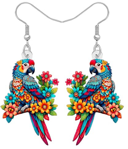 DUOWEI Acrylique Boucles D'oreilles Oiseau Tropical Hawaïen Cadeaux pour Femmes Filles Amoureux des Oiseaux, Boucles d'oreilles Oiseaux Rigolos avec Fleurs Printemps Eté Bijoux (Bleu)