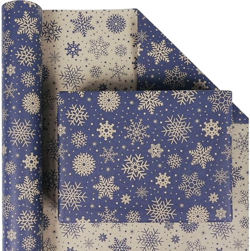 Wendbares Geschenkpapier Weihnachten Rolle, Dunkelblaues und Braun Weihnachtsgeschenkpapier für Kinder und Erwachsene, Schneeflocke Kraftpapier Geschenkpapier Rolle für Weihnachten, 43 cm x 10 m