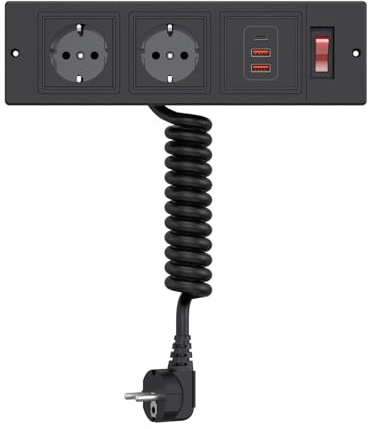 Dinolink - Presa da incasso con cavo a molla, 2 prese, 3 porte USB, interruttore on/off, ciabatta a scomparsa per mobili, scrivania, cucina, colore nero