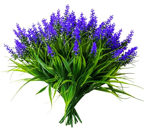 PacuM 12 Bundles Artificial Flowers Outdoor Faux Lavender Weatherproof Purple Artificial Lavender Plants Outdoor Faux Flowers for Garden Fencing Patio Boxes Window Trellises Decoration