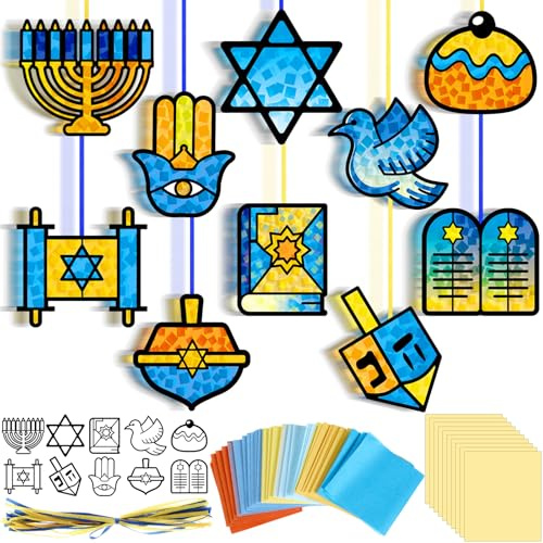 Eersida 32 Pcs Hanukkah Suncatchers Craft Kits, Chanukah DIY Ornaments | Hanukkah Stained Glass Effect Tissue Paper Star of David Jewish Menorah Hanging Craft for Window Classroom Art Activities