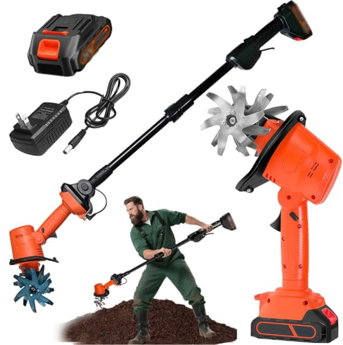 PRMTYUP Mini Motobineuse sans Fil 21 V, Motobineuse sans Fil avec Perche TéLescopique, 235 TR/Min avec 4 RangéEs De Dents, Jardinage avec Batterie 1,5 Ah Et Chargeur,with 1 Batteries