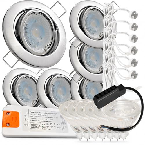 LED Einbaustrahler Set 12V schwenkbar – 6er Set mit je 120 cm Kabel & AMP-Stecksystem – 3W MR16 Spot inkl. Trafo, IP20, 250 Lumen, 55 mm Einbautiefe – LED Deckenstrahler für Wohnbereiche, Küche & Flur