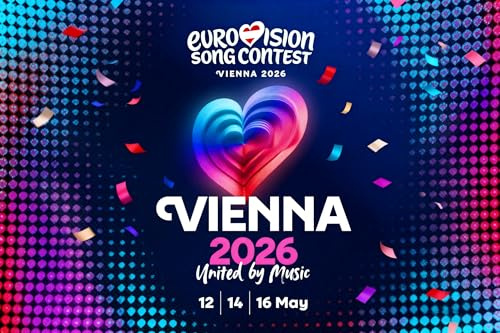 Festival de la Canción de Eurovisión 2026 Decoración de fiesta de Viena, pancarta de bandera, decoración temática de celebración de Eurovisión 2026 para el hogar, jardín, bar, calle (90 x 150 cm)