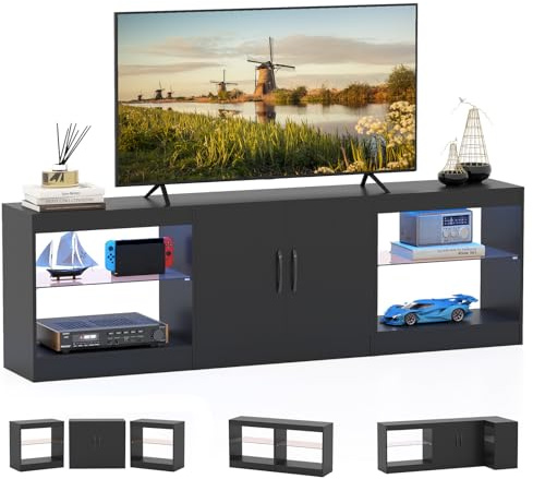 KOMFOTTEU Meuble TV, 3 Pièces, pour Téléviseurs à 85 Pouces avec Éclairage LED, Banc TV avec Étagères en Verre réglables, Table TV 3 en 1, pour Salon, Chambre à Coucher, 195 x 30 x 55 cm (Noir)