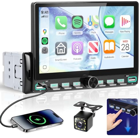 Hodozzy Trådlös Carplay Android Auto Auto 1 Din med USB Type-C, in-Cell 7-tums skärm med Bluetooth/videoutgång/Youtube/EQ/FM-radio + backkamera